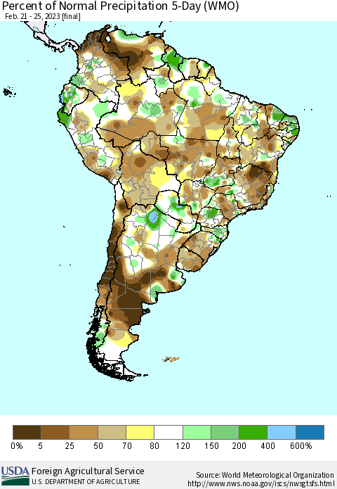 South America Percent of Normal Precipitation 5-Day (WMO) Thematic Map For 2/21/2023 - 2/25/2023