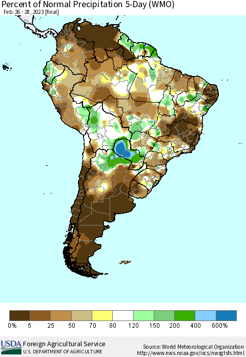 South America Percent of Normal Precipitation 5-Day (WMO) Thematic Map For 2/26/2023 - 2/28/2023