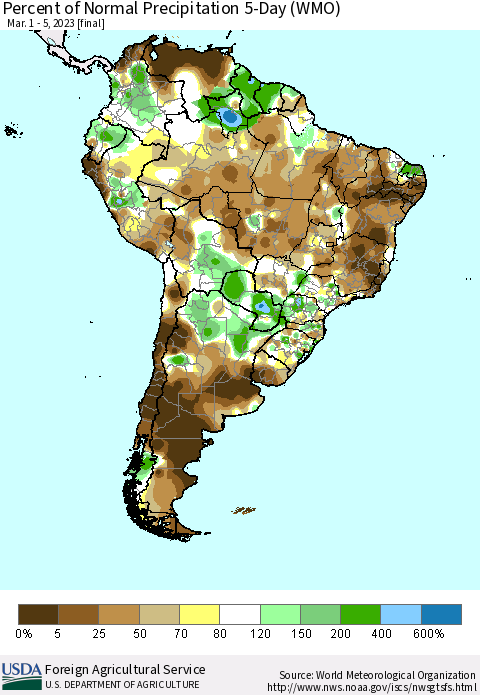 South America Percent of Normal Precipitation 5-Day (WMO) Thematic Map For 3/1/2023 - 3/5/2023