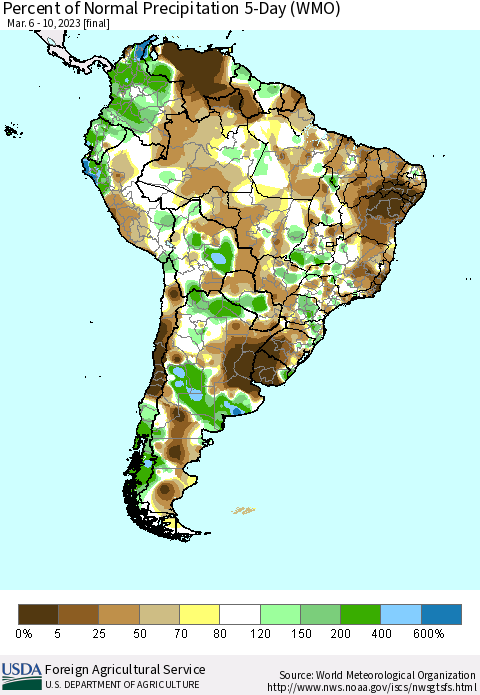 South America Percent of Normal Precipitation 5-Day (WMO) Thematic Map For 3/6/2023 - 3/10/2023