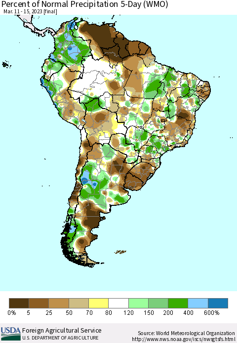 South America Percent of Normal Precipitation 5-Day (WMO) Thematic Map For 3/11/2023 - 3/15/2023