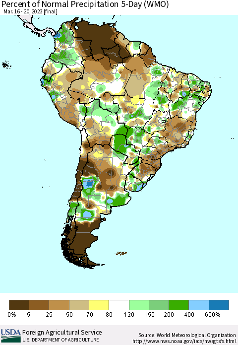 South America Percent of Normal Precipitation 5-Day (WMO) Thematic Map For 3/16/2023 - 3/20/2023