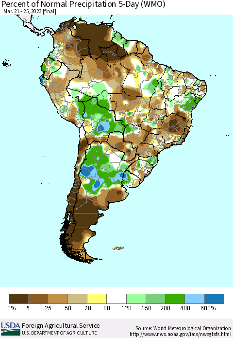 South America Percent of Normal Precipitation 5-Day (WMO) Thematic Map For 3/21/2023 - 3/25/2023