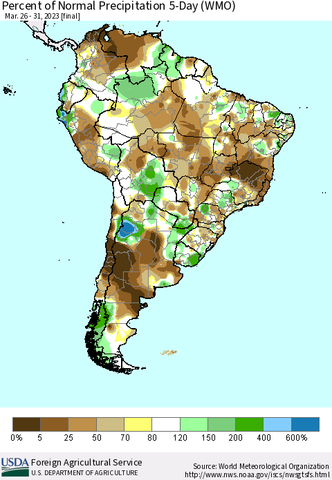 South America Percent of Normal Precipitation 5-Day (WMO) Thematic Map For 3/26/2023 - 3/31/2023