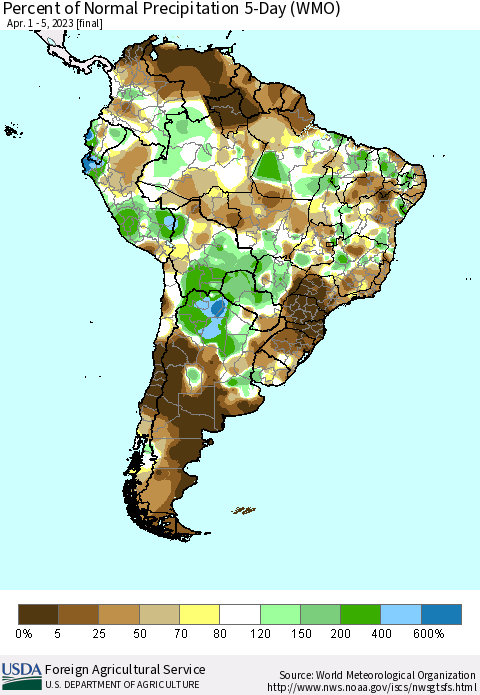 South America Percent of Normal Precipitation 5-Day (WMO) Thematic Map For 4/1/2023 - 4/5/2023
