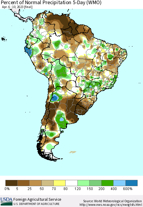 South America Percent of Normal Precipitation 5-Day (WMO) Thematic Map For 4/6/2023 - 4/10/2023