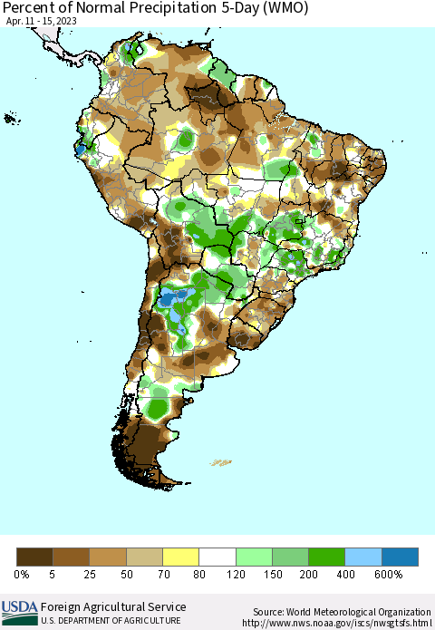 South America Percent of Normal Precipitation 5-Day (WMO) Thematic Map For 4/11/2023 - 4/15/2023