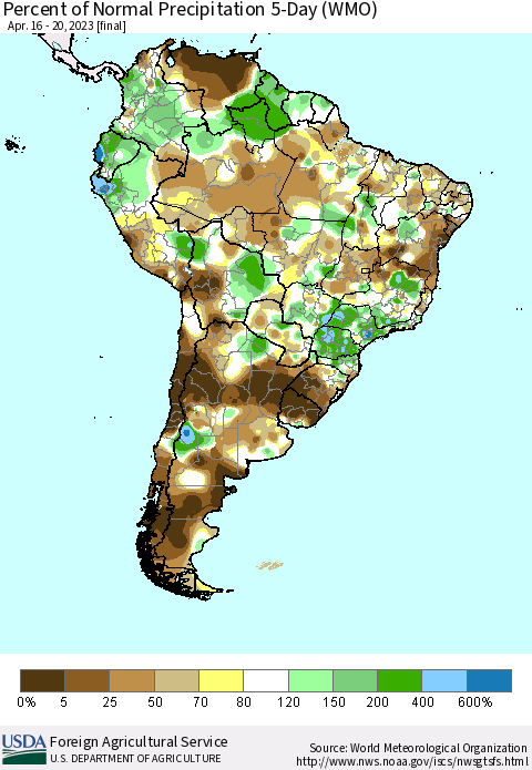 South America Percent of Normal Precipitation 5-Day (WMO) Thematic Map For 4/16/2023 - 4/20/2023