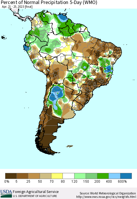 South America Percent of Normal Precipitation 5-Day (WMO) Thematic Map For 4/21/2023 - 4/25/2023
