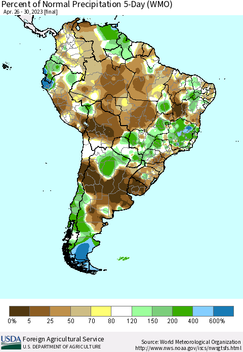 South America Percent of Normal Precipitation 5-Day (WMO) Thematic Map For 4/26/2023 - 4/30/2023