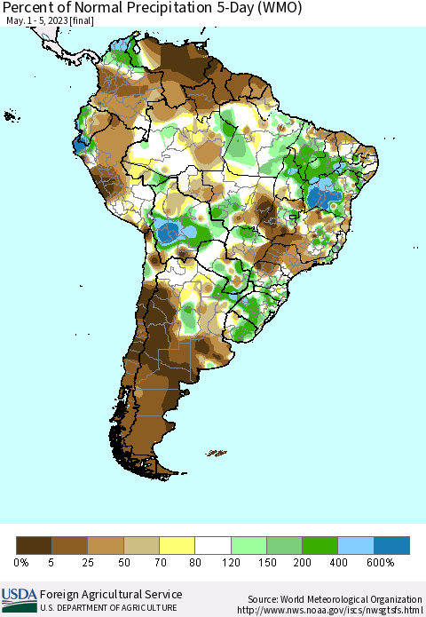 South America Percent of Normal Precipitation 5-Day (WMO) Thematic Map For 5/1/2023 - 5/5/2023