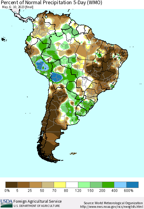 South America Percent of Normal Precipitation 5-Day (WMO) Thematic Map For 5/6/2023 - 5/10/2023