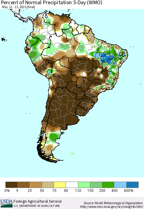 South America Percent of Normal Precipitation 5-Day (WMO) Thematic Map For 5/11/2023 - 5/15/2023