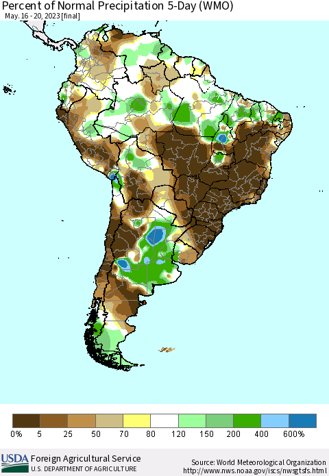 South America Percent of Normal Precipitation 5-Day (WMO) Thematic Map For 5/16/2023 - 5/20/2023