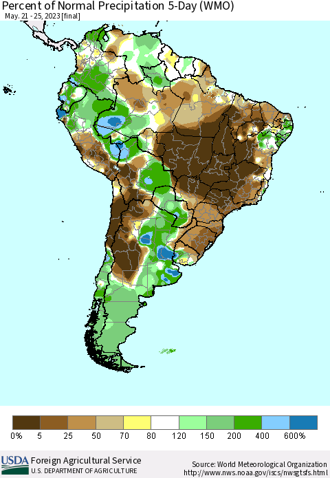 South America Percent of Normal Precipitation 5-Day (WMO) Thematic Map For 5/21/2023 - 5/25/2023