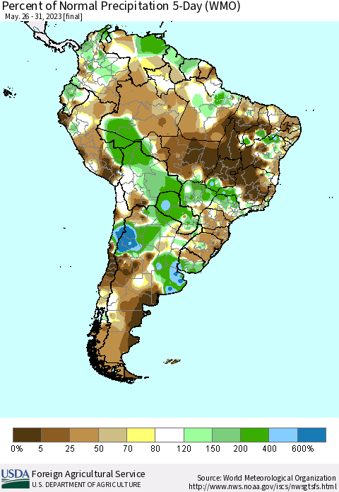 South America Percent of Normal Precipitation 5-Day (WMO) Thematic Map For 5/26/2023 - 5/31/2023