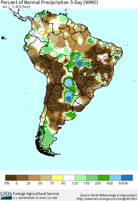 South America Percent of Normal Precipitation 5-Day (WMO) Thematic Map For 6/1/2023 - 6/5/2023
