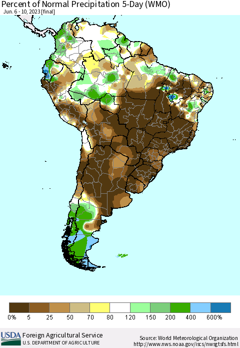 South America Percent of Normal Precipitation 5-Day (WMO) Thematic Map For 6/6/2023 - 6/10/2023