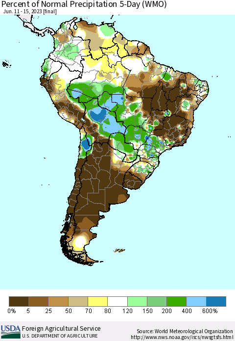 South America Percent of Normal Precipitation 5-Day (WMO) Thematic Map For 6/11/2023 - 6/15/2023