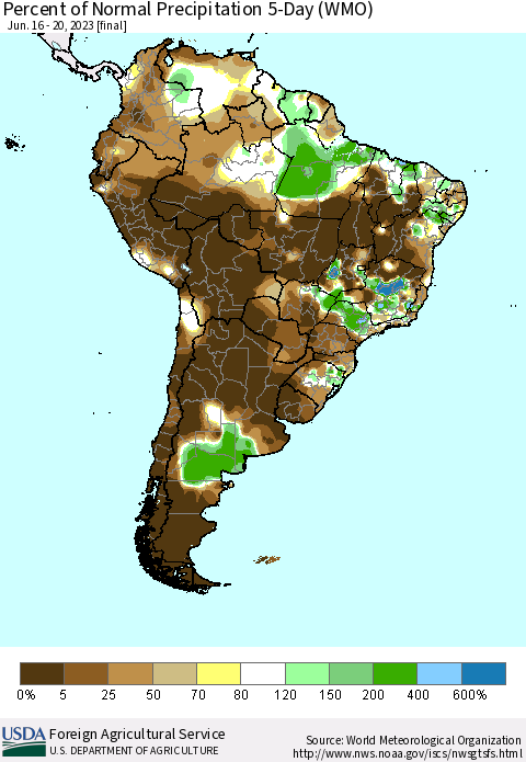 South America Percent of Normal Precipitation 5-Day (WMO) Thematic Map For 6/16/2023 - 6/20/2023