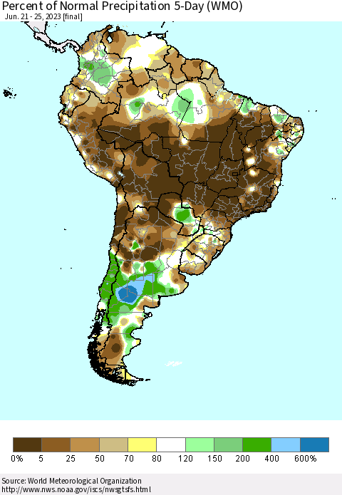 South America Percent of Normal Precipitation 5-Day (WMO) Thematic Map For 6/21/2023 - 6/25/2023