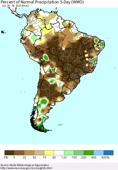 South America Percent of Normal Precipitation 5-Day (WMO) Thematic Map For 6/26/2023 - 6/30/2023