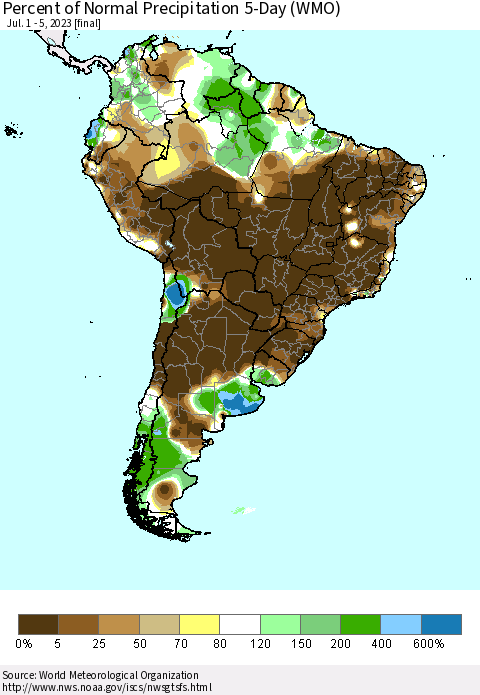 South America Percent of Normal Precipitation 5-Day (WMO) Thematic Map For 7/1/2023 - 7/5/2023
