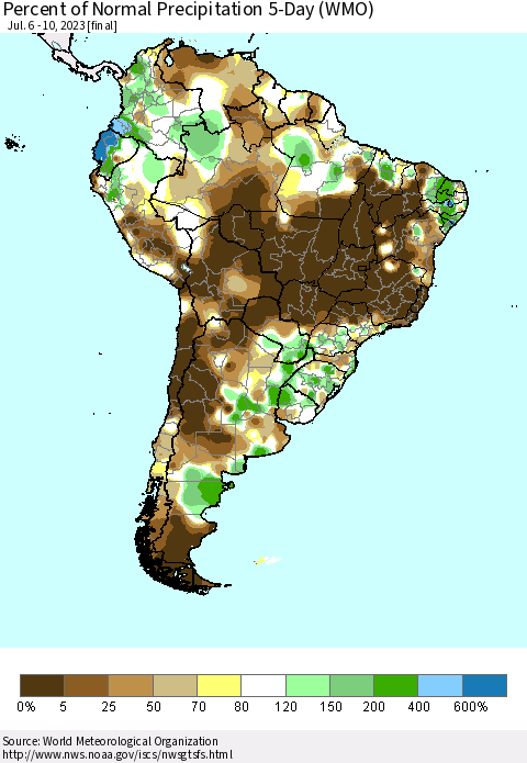 South America Percent of Normal Precipitation 5-Day (WMO) Thematic Map For 7/6/2023 - 7/10/2023