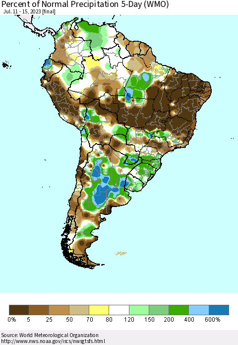 South America Percent of Normal Precipitation 5-Day (WMO) Thematic Map For 7/11/2023 - 7/15/2023