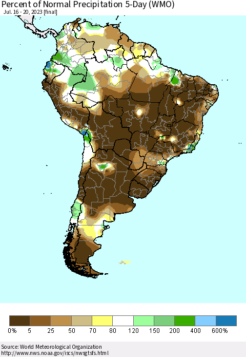 South America Percent of Normal Precipitation 5-Day (WMO) Thematic Map For 7/16/2023 - 7/20/2023