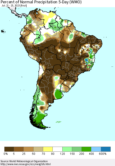 South America Percent of Normal Precipitation 5-Day (WMO) Thematic Map For 7/21/2023 - 7/25/2023