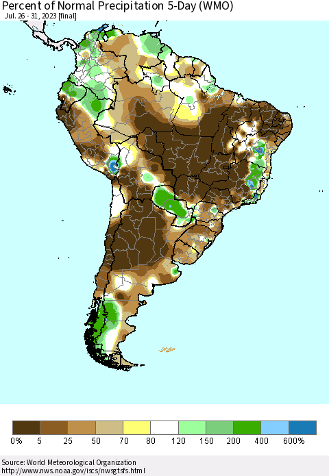 South America Percent of Normal Precipitation 5-Day (WMO) Thematic Map For 7/26/2023 - 7/31/2023