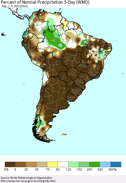 South America Percent of Normal Precipitation 5-Day (WMO) Thematic Map For 8/1/2023 - 8/5/2023