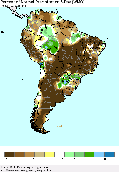 South America Percent of Normal Precipitation 5-Day (WMO) Thematic Map For 8/6/2023 - 8/10/2023