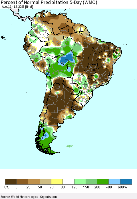 South America Percent of Normal Precipitation 5-Day (WMO) Thematic Map For 8/11/2023 - 8/15/2023