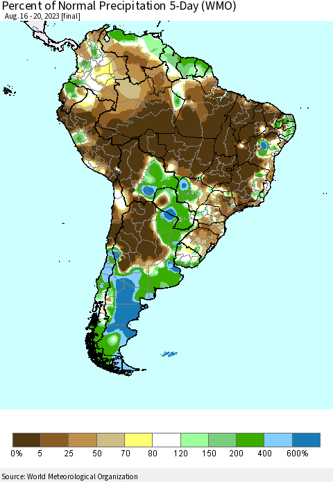 South America Percent of Normal Precipitation 5-Day (WMO) Thematic Map For 8/16/2023 - 8/20/2023