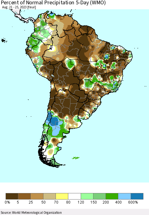 South America Percent of Normal Precipitation 5-Day (WMO) Thematic Map For 8/21/2023 - 8/25/2023