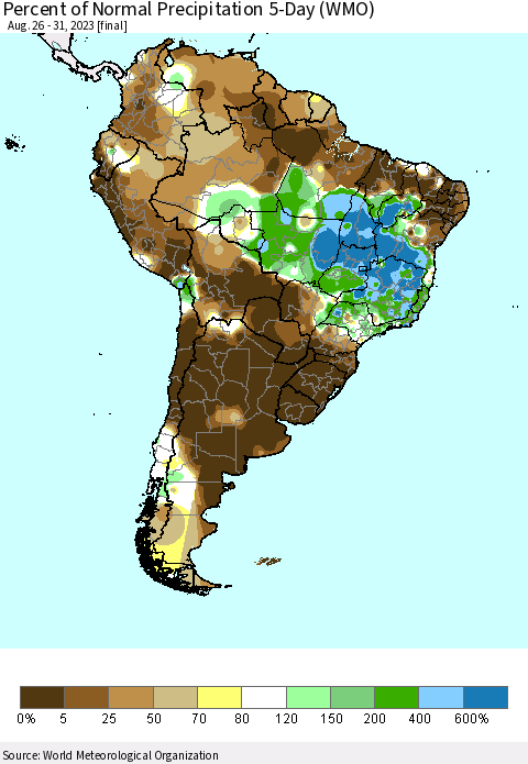 South America Percent of Normal Precipitation 5-Day (WMO) Thematic Map For 8/26/2023 - 8/31/2023