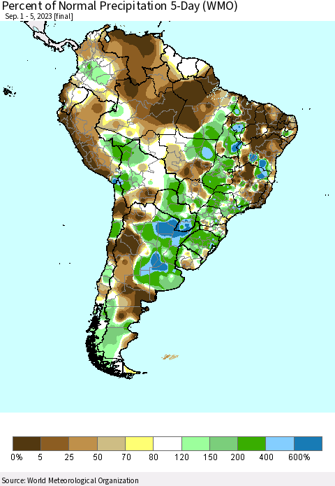 South America Percent of Normal Precipitation 5-Day (WMO) Thematic Map For 9/1/2023 - 9/5/2023