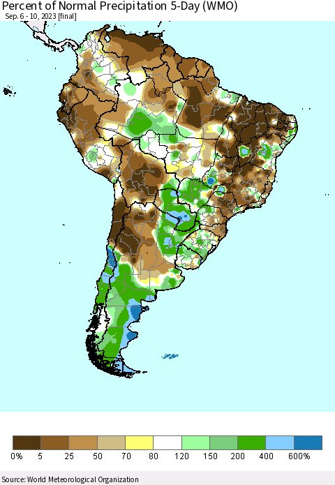 South America Percent of Normal Precipitation 5-Day (WMO) Thematic Map For 9/6/2023 - 9/10/2023