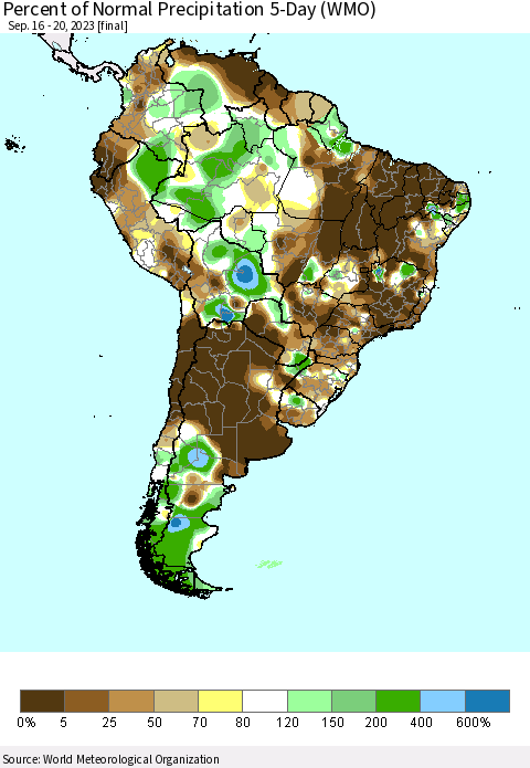 South America Percent of Normal Precipitation 5-Day (WMO) Thematic Map For 9/16/2023 - 9/20/2023