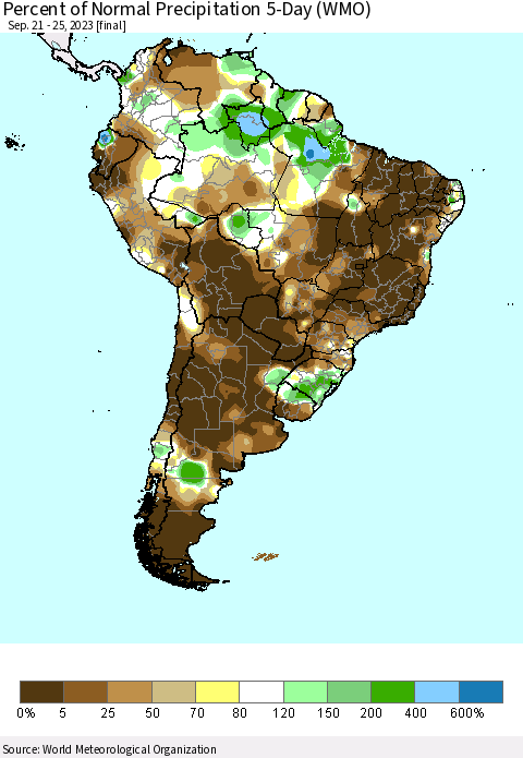 South America Percent of Normal Precipitation 5-Day (WMO) Thematic Map For 9/21/2023 - 9/25/2023