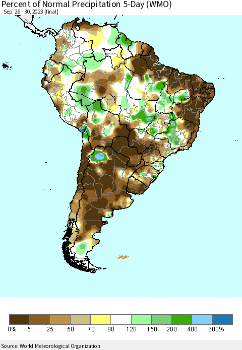 South America Percent of Normal Precipitation 5-Day (WMO) Thematic Map For 9/26/2023 - 9/30/2023