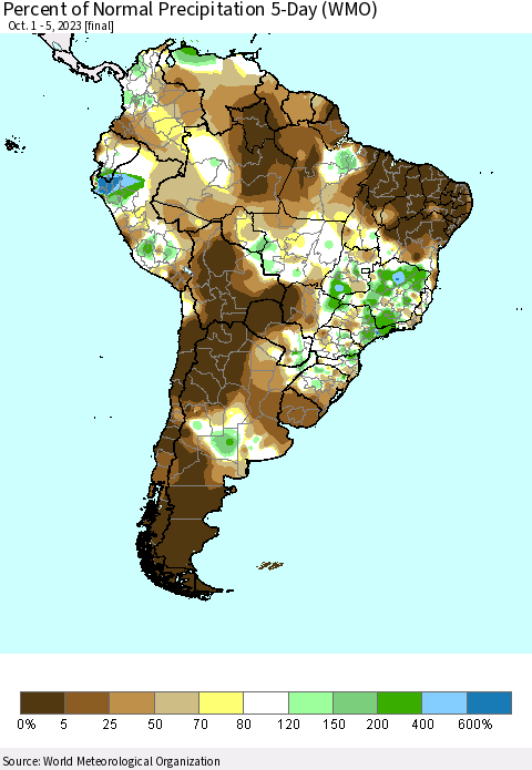 South America Percent of Normal Precipitation 5-Day (WMO) Thematic Map For 10/1/2023 - 10/5/2023
