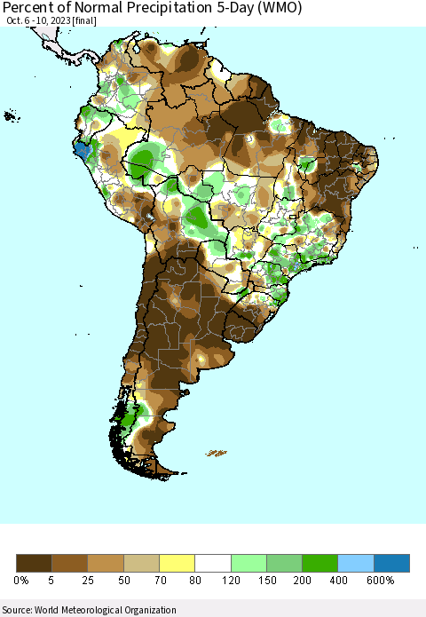South America Percent of Normal Precipitation 5-Day (WMO) Thematic Map For 10/6/2023 - 10/10/2023