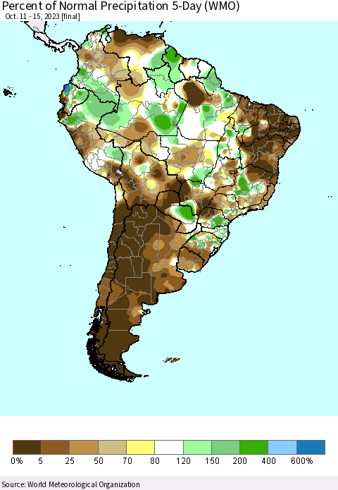 South America Percent of Normal Precipitation 5-Day (WMO) Thematic Map For 10/11/2023 - 10/15/2023
