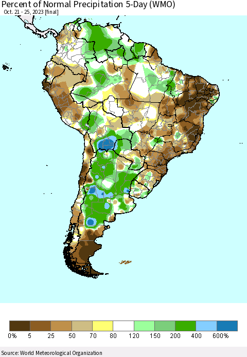 South America Percent of Normal Precipitation 5-Day (WMO) Thematic Map For 10/21/2023 - 10/25/2023