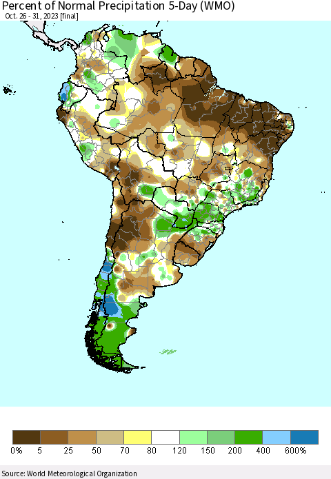 South America Percent of Normal Precipitation 5-Day (WMO) Thematic Map For 10/26/2023 - 10/31/2023