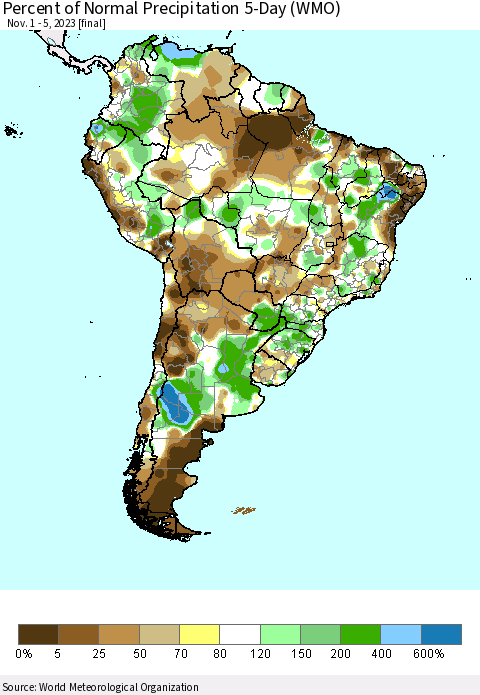 South America Percent of Normal Precipitation 5-Day (WMO) Thematic Map For 11/1/2023 - 11/5/2023