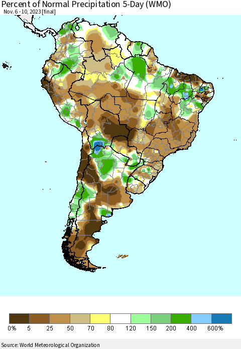 South America Percent of Normal Precipitation 5-Day (WMO) Thematic Map For 11/6/2023 - 11/10/2023